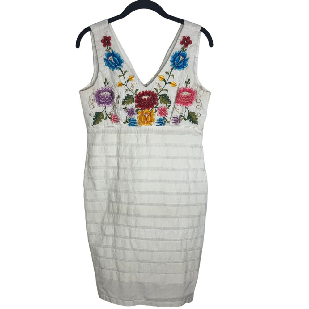 Vintage Ligeth Yucatan Embroidered Floral White Linen Blend Sheath Dress 32 6